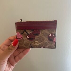 Coach Cherry Print Card Case in Brown and Red